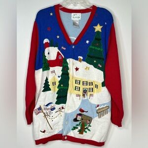 The Quacker Factory Sweater Womens Small Red Blue Christmas American Cardigan 1X